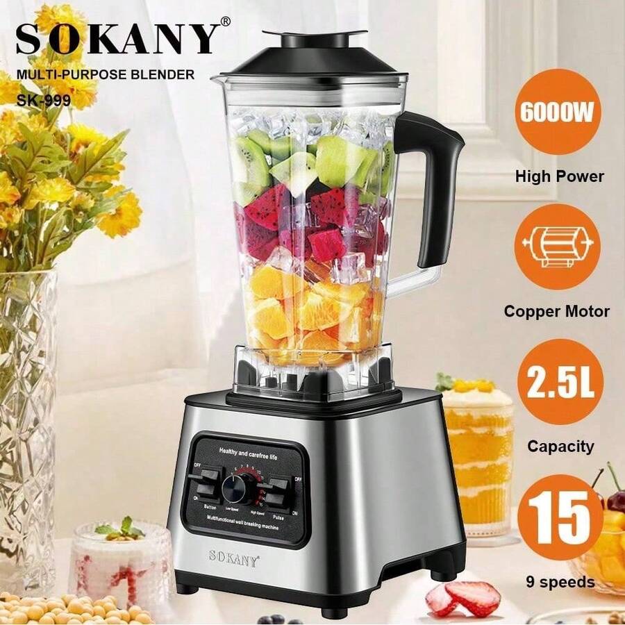 SOKANY999 高速攪拌機 2.5L 不鏽鋼刀片 6000W 一鍵清洗 適用家用/商用