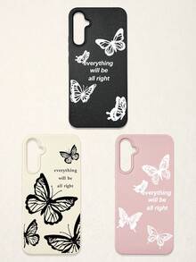 3pcs Butterfly Pattern Phone Cases, Motivational Slogan Positive Energy Phone Cases, Faux Leather Texture Black White Pink Shockproof Protective Covers, Compatible With IPhone & - Multicolor - View 30
