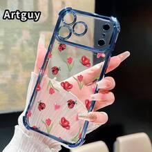 Ladybug Floral Dream Pattern Phone Case For IPhone 17 Pro Max 16 15 Plus Air 14 13 12 11 E Electroplated Cover With Airbag Shockproof Soft Silicone Casing,Suitable For IPhone17 Air - 粉色 - 查看 4