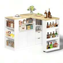 Kitchen Island With Extendable Worktop, 115cm Long Storage Island With Shelves On Three Sides And Two Drawers, Coffee Corner, Extendable Wooden Dining Table, Ideal For Dining Rooms And Home Bars - 白色 - 查看 8