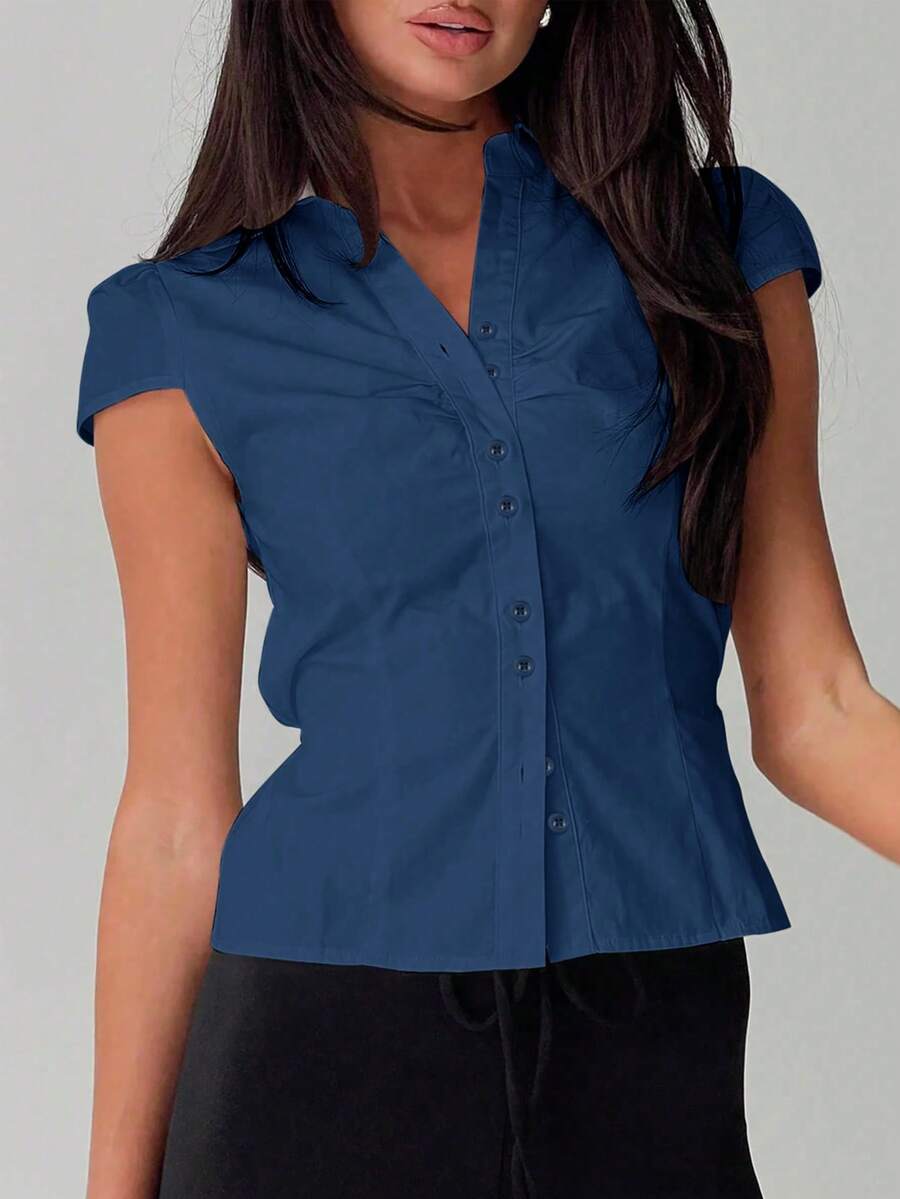 Solid Color Button Collar Short Sleeve School Uniform Shirt, Fitted T-Shirt Dress With Pleats On Chest Summer - Navy Blue - View 1