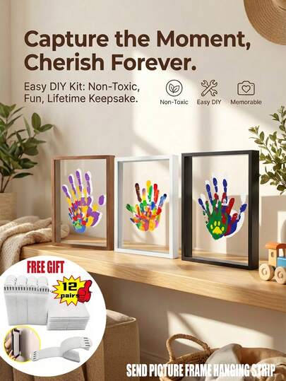 1套DIY家庭手印套装 - 3D相框（含4片亚克力板）| 2026年家庭纪念品，无需用电的记忆艺术，木质纪念品展示盒，个性化家居装饰，适用于客厅/卧室/办公室，送给亲人的贴心礼物