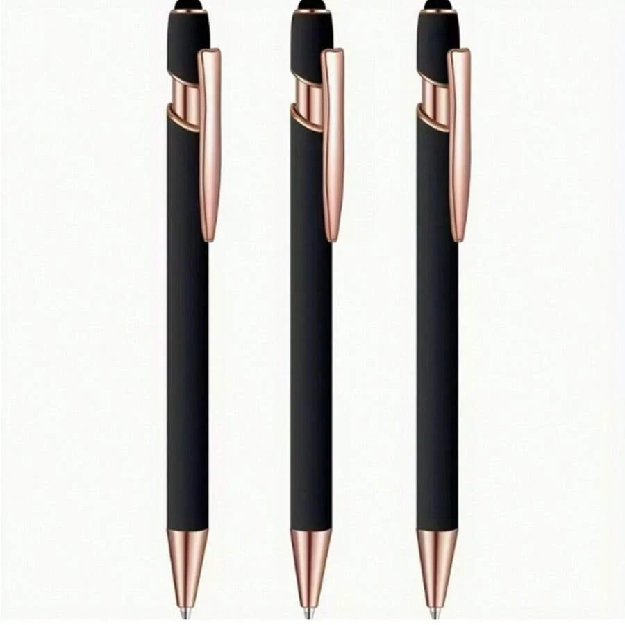 3 Peças Caneta Esferográfica Bonita e Fofa Preta com Ponta de Stylus, Tinta Preta, Stylus Metálico 2 em 1, Ponta Média Suave de 1,0 mm, Caneta Esferográfica Colorida de Borracha para Tela de Toque.