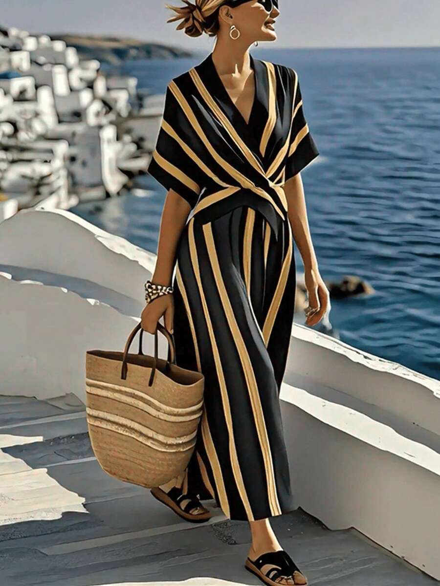 Đầm đi biển mùa hè thanh lịch, phối sọc tương phản, kiểu thắt nút chéo.