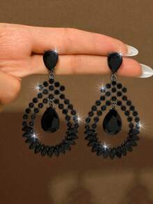 2对银白色、藏蓝色、黑色水晶流苏耳环，女士个性街头风水滴形吊坠耳环 - MS451 - 查看 9