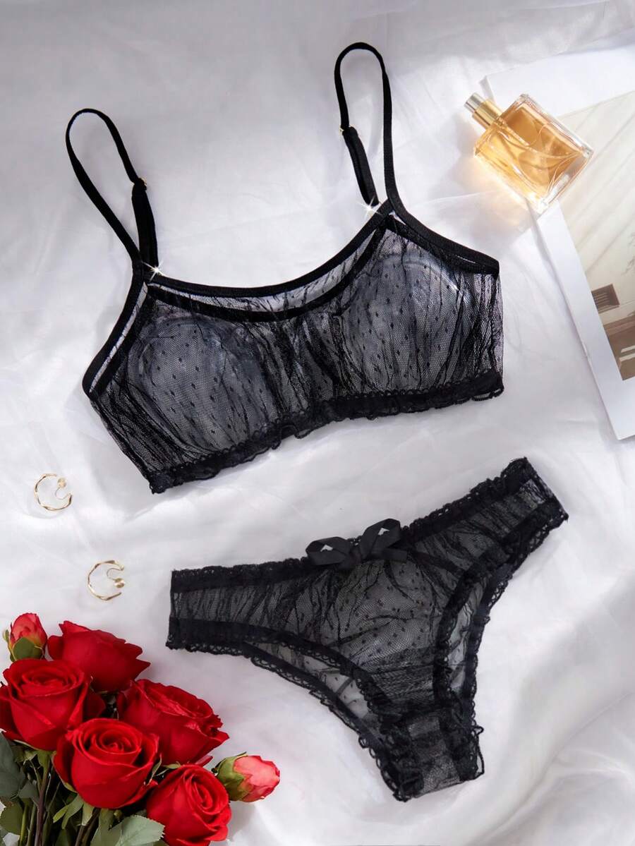 2 Pcs Women's Sexy Lingerie Set Adjustable Strap Top & Bow-Tie Design Briefs Polka Dot Semi-Sheer Seductive Women's Lingerie Set Valentine's Day Surprise Gift