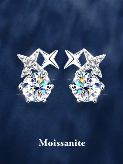 2pcs Minimalist Cute 925 Silver 0.5Carat X 2 Moissanite Star Stud Earrings, Suitable For Women's Daily Wear, Party, Vacation, Mother's Day, Birthday, Wedding Anniversary, Women's Jewelry Gift