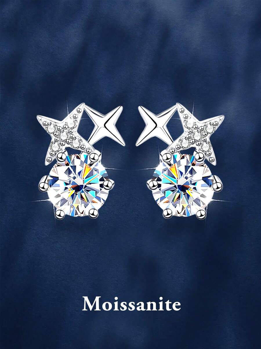 2pcs Minimalist Cute 925 Silver 0.5Carat X 2 Moissanite Star Stud Earrings, Suitable For Women's Daily Wear, Party, Vacation, Mother's Day, Birthday, Wedding Anniversary, Women's Jewelry Gift - EH0038M - View 1