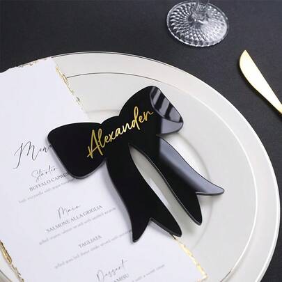 5/10pcs Elegant Black Acrylic Bowknot Place Cards, Rounded Corners And Smooth Edges - 11.94x9.91cm, DIY Blank Ribbon Tags For Wedding Table Decor, Birthday Party, Anniversary, Centerpiece - Customizable Name/Info, Lightweight Decorations, Transparent Acrylic With Black Bowknot, Suitable For Events, Gatherings And Tabletop Arrangements, Includes Multipurpose Use, Anniversary Celebrations, Event Decor, Fashionable Event Accents, High Quality Finish, Event Organizers