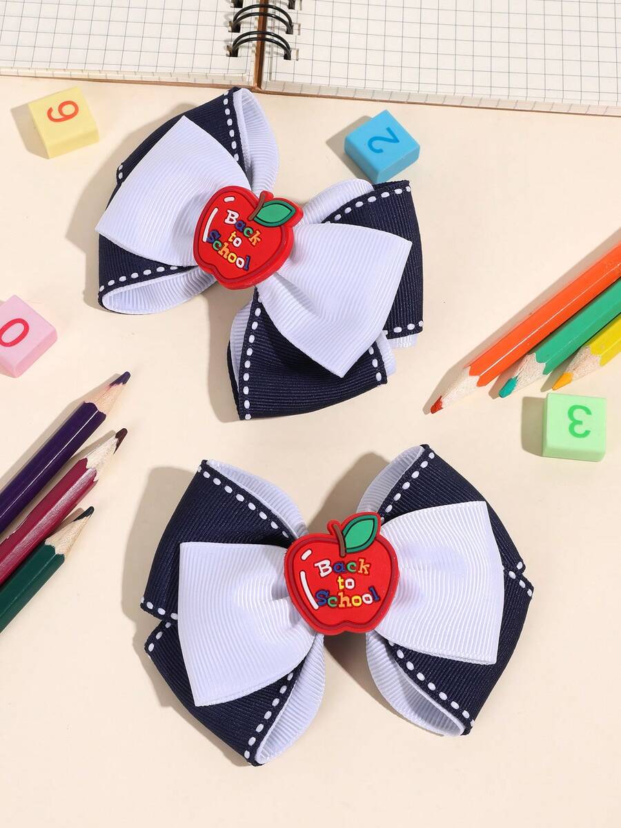 2件装蓝白相间布艺蝴蝶结发饰，苹果形发夹，时尚学生妹少女朋友日常节日派对礼物发饰 - 彩色 - 查看 1