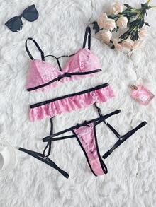 Romantic Pink Lace Lingerie Set - Sexy Deep V Bra And Panty With Black Bow, Suitable For Date Night - Pink - View 2