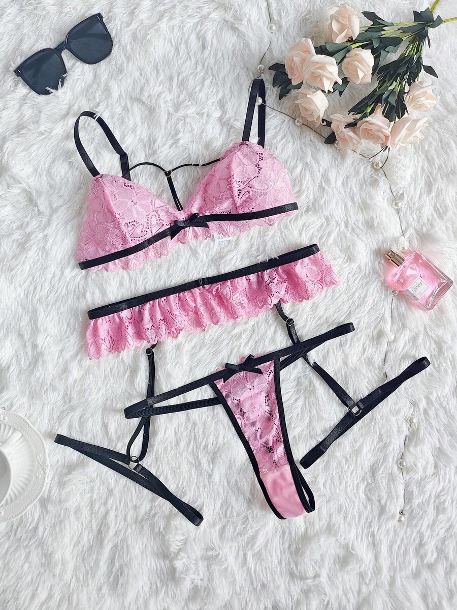 Conjunto de lencería romántica de encaje rosa - Sujetador de escote profundo en V y pantie con lazo negro, adecuado para una cita - Rosa - Ver 1