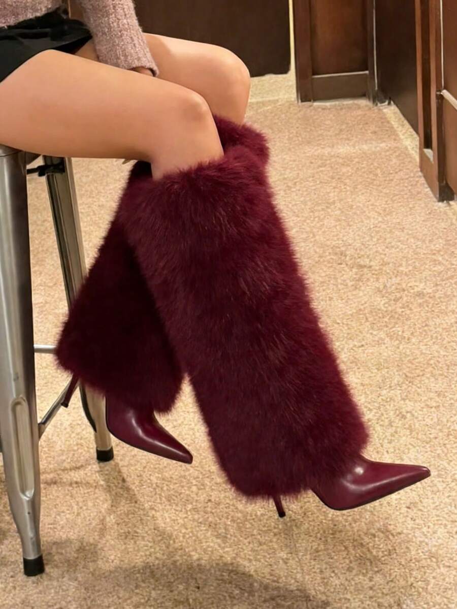 Women's Fluffy Fur Pointed Toe Stiletto Heels Knee High Boots Holiday Vacay Vibe For Elegant Fashionable Boots Spring Summer Party Evening Gala - 酒紅色 - 查看 1