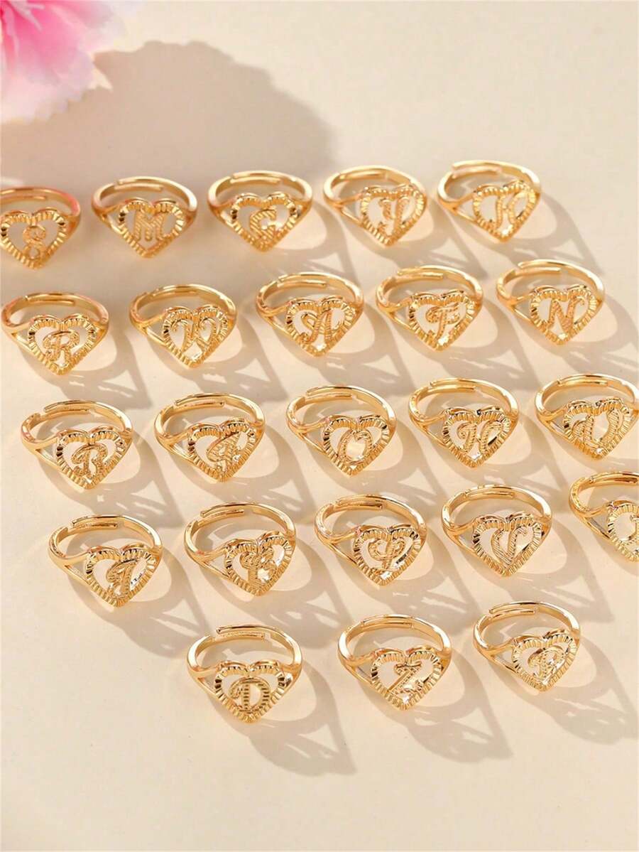 2pcs Elegant Hollow Heart & Letter Adjustable Rings, Fashionable Jewelry Gifts Suitable For Women, Girlfriends, Wives, Mothers, Families And Friends On Birthdays, Anniversaries And Other Occasions - Yellow Gold - View 1