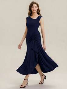 Elegant Long Asymmetrical Neck Ruched Bust Cap Sleeve Detail High Stretch Fabric Bridesmaid Dress Or Party And Classy Event - Navy Blue - View 5