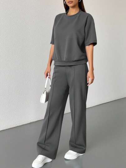 Women's Simple Solid Color 2-Piece Set, Fashionable Outfit With High-End Vibe, Short Sleeve Top And Pants, Suitable For Daily Wear, Teacher Attire, Sportswear, Office, Home, Street, Spring/Summer, Graduation, Back To School, Casual T-Shirt Set, Ins Style, Beach, Date Night, Workwear, New Spring/Summer Collection