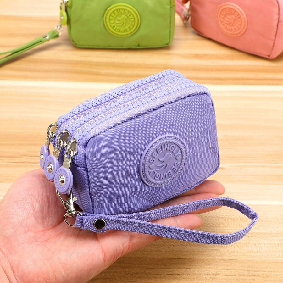 1pc Mini Simple Nylon Coin Purse - Mini Key Wallet With Three Zippers, Easy-To-Care Small Wallet Suitable For Women. - Green - View 1