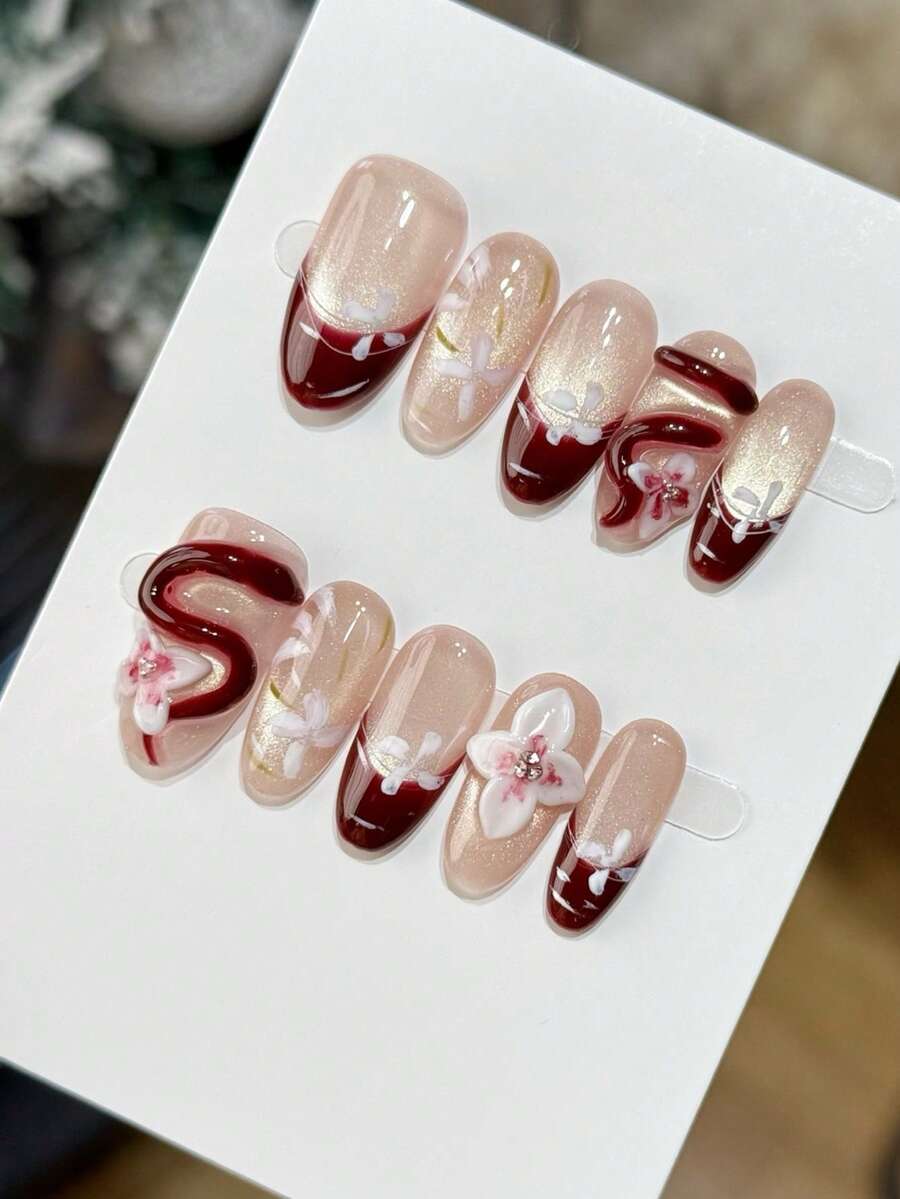 Red Flower & Snake French 3D Design Oval Handmade Nail - Multicolor - View 1