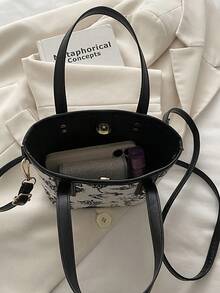 Bolso de mano ligero y retro para mujer, diseño impreso minimalista, correa larga ajustable, capacidad media, adecuado para uso casual y de vacaciones - Negro - Ver 6