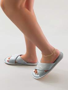Chinese Style Embroidered Satin Criss-Cross Comfortable & Elegant Women's House Slippers, Non-Slip,Bride Slippers - Light Grey - View 5