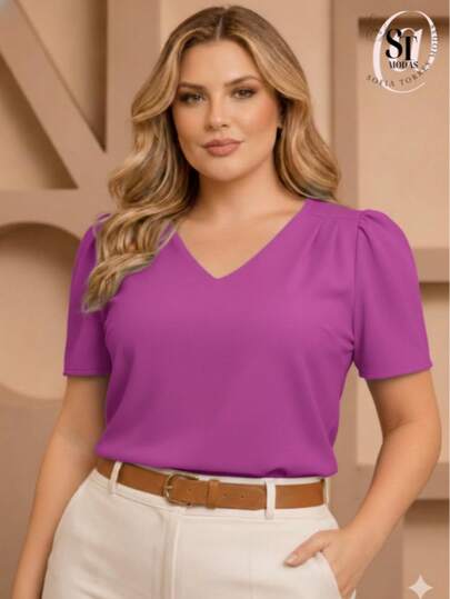 Blusa Feminina Manga Curta Plus Size Princesa Decote V Duna Premium GG G1 G2 G3 Elegante Não Amassa - Fúcsia
