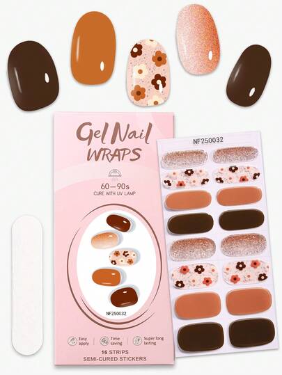 16Pcs Semi Cured Gel Nail Strips, Simple Color Jumping Flower Gradient Glitter Self-Adhesive Gel Nail Full Wraps, Salon Quality, Easy To Manicure, Suitable For Women's Dating/Banquet/Party DIY Nail Supplies Nail Stickers.