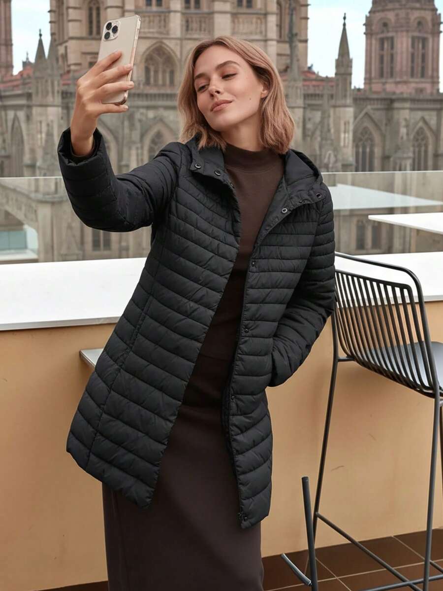 Risissida Damen Lässig Kapuzen Daunenjacke mit Taschen, leicht für den täglichen Gebrauch - Schwarz - Übersicht 1