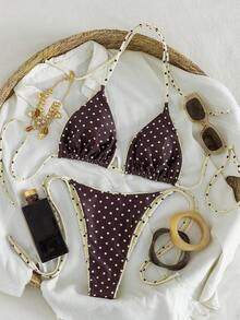 夏季豹纹细肩带系带比基尼套装，适合海滩度假 - 咖色點 - 查看 2
