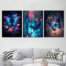3pcs Set Dreamy Blue Butterfly Wall Art Canvas Poster, High Definition Printing, Suitable For Living Room, Bedroom, Bathroom, Office, Gym And Other Home Decor, Hallway Decoration, Art Gift For Friends - Butterfly - View 3