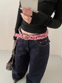 1pc Pink PU Leopard Print Rhinestone Embellished Versatile Waist Belt For Women - Pink - View 3