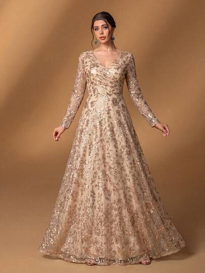 Faeriesty Elegant Champagne Color Fitted Dress, Long Sleeve V-Neck, Embroidered With Sequin Floral, Layered Sheer Design, Suitable For Beach Party, Wedding Guest, Formal Dinner, Gala And Other Occasions Vacation Spring