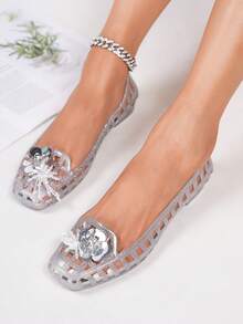 Koreanischer Stil Gelee-Schuhe für Frauen, modische flache Slip-On Lässig Schuhe mit niedrigem Schaft, Cut Out quadratischen Zeh - Silber - Übersicht 2