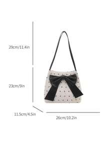 1pc White Embossed Fabric + Black Bow Accent One Shoulder Tote Bag, Open Top Design, Sweet & Cool Style, Suitable For Women Everyday/Commute, All Seasons - White - View 8
