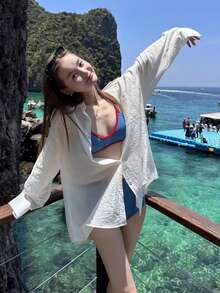 Áo khoác ngoài đi biển mỏng nhẹ, kiểu dáng thường ngày, xuyên thấu. - trắng - Xem 4