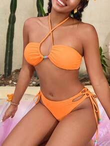 女士时尚夏季沙滩橙色褶皱镂空彩色串珠装饰比基尼套装