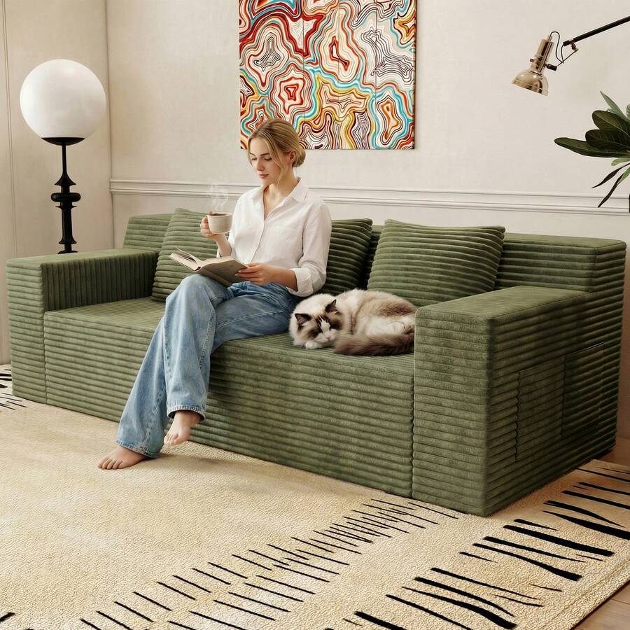 71" Love Seat Couches, Corduroy Boneless Loveseat With Deep Seats, 2 Seat Couch Apartment Size Couch With 3 Pillows&Side Pockets For Bedroom, Office, No Assembly Required - 綠色 - 查看 1