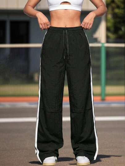 女士速干尼龙撞色侧条纹抽绳运动裤 - 轻便透气户外活动裤