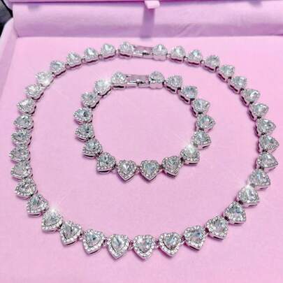 1 Stück/2 Stück/1 Set romantisch charmantes, klassisches Hip-Hop Stil elegantes funkelndes Herz-förmiges Armband Halsketten Set, modischer Schmuck geeignet für Party, Hochzeit, Musikfestival - perfektes Geschenk zum Valentinstag, für Freundschaft, Ehefrau oder Freundin, Geschenk für Mutter von Tochter