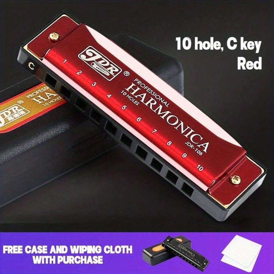 C Key 10 Hole 20 Tone Dual Harmonica Mouth Organ, Suitable For Beginners And Professionals In Blues Harmonica, Retro Style Harmonica, Equipped With A Hard Shell, Is An Ideal Gift Choice - 紅色 - 查看 1