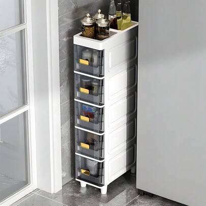 LIVINGANDHOME 4/5-Drawer Slim Freestanding Storage Cabinet Transparent Grey Minimalist Design Freestanding Moisture-Proof Elevated Base Kitchen Bathroom Organizer Easy-Assemble Home Organizer For Narrow Spaces Dual-Trough Top Shelf Rounded Edges