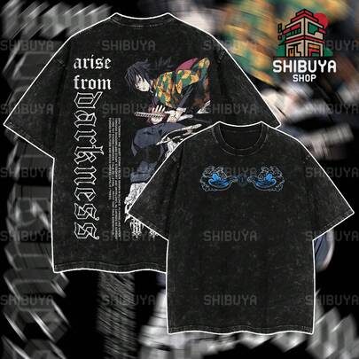 [Shibuya] Tomioka Demonslayer Retro Vintage Unisex Camiseta de Algodón Pesado Lavado Ácido, Merch de Anime, Regalo para Fan de Anime Ropa de anime de gran tamaño