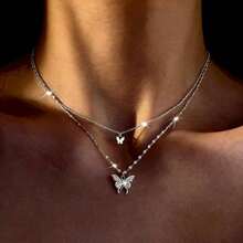 Bohemian Style Gold & Silver Double Layer Chain Butterfly Necklace, Creates A Casual Fashionable Look, Suitable For Women's Daily Outfit - Silver - View 2