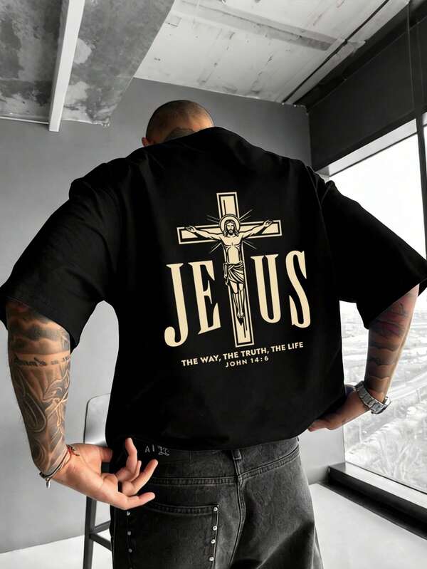 新款时尚男士T恤 “耶稣字母”印花 圆领短袖休闲宽松T恤