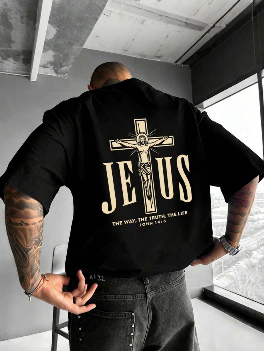 新款时尚男士T恤 “耶稣字母”印花 圆领短袖休闲宽松T恤 - 黑色 - 查看 1