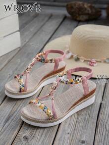 WRCVS 米色女士编织带凉鞋，夏季坡跟厚底凉鞋，手工串珠编织鞋底，随机花卉图案，轻便波西米亚风户外凉鞋，旅行必备 - 粉色 - 查看 6