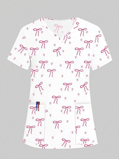 cimmuovere Casual Loose V-Neck Short Multi-Pocket Nurse Print Top, Scrubs Workwear For Healthcare, Dentist, Pet Hospital, Laboratory, Pink Print For Valentine's Day