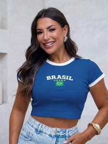 Baby Look Blouse Brazil Embroidered Stars Ribbed World Cup 2026 Vibe Contrasting Waist Beach Vacation Contrasting Waist Vacation Beach - 藍色 - 查看 2