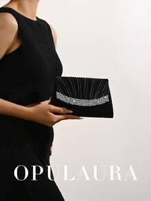 OpulAura 秋冬假日褶皱迷你手拿包。闪耀迷人的水钻装饰，优雅时尚的信封式手提包，专为女性设计，适合派对、婚礼、晚宴和聚会等场合。是参加派对、婚礼、毕业典礼和正式晚宴/活动的女性的理想之选和最佳礼物。 - 黑色 - 查看 8