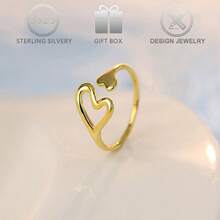 1pc 925 Sterling Silver Minimalist Asymmetric Heart Design Open Ring, Suitable For Daily Wear, Valentine's Day, Holiday, Wedding, Engagement Gift - Gold - View 3