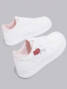 女士时尚休闲百搭运动鞋，厚底系带白色休闲鞋，适合所有季节 - 粉色 - 查看 1